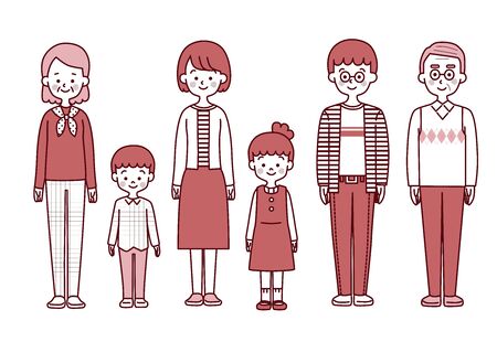 line drawing of a smiling three-generation family standing side by side in a positive directionのイラスト素材