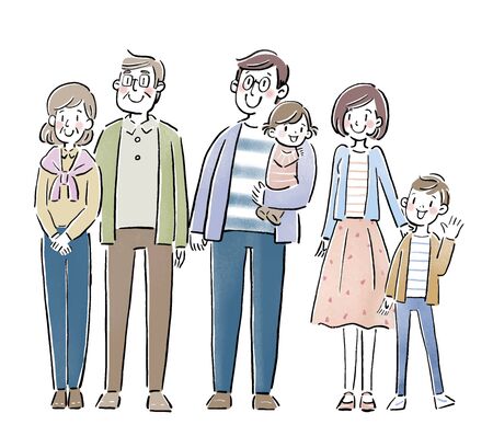 handwriting of a smiling three-generation standing family side by side in a positive directionのイラスト素材