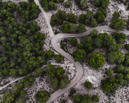 drone view of a road surrounded by trees on a mountain, landscape for wallpaperの写真素材
