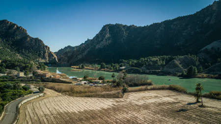 water tank in a valley between mountains, OjÃ³s, Murcia, Spainの写真素材