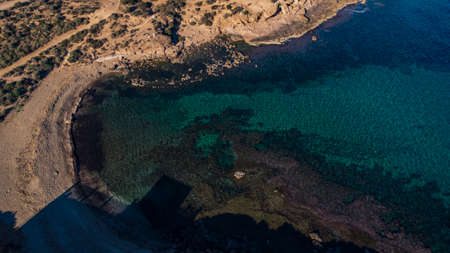Panorama of beautiful beach and bay with turquoise sea water, Cala Mijo, Aguilas, Murcia, Spainの写真素材