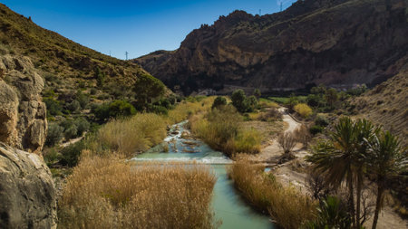 valley of a river with mountains in the background and vegetationの写真素材