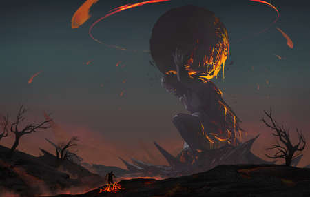 A digital illustration painting of the broken mythical god statue in the world end scenery caused by...