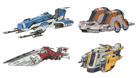 A digital illustration of sci-fi spaceships in futuristic technology concept isolated on white background.の写真素材