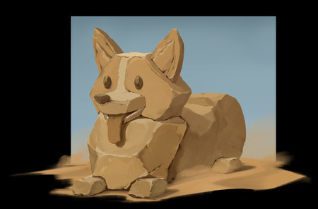 An isolated digital illustration of fantasy mythical sphinx corgi dog on a black background.の写真素材