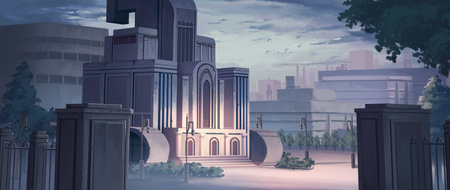 An illustration of sci-fi building in the peaceful modern city with colourful morning light.の写真素材