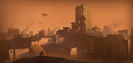 A digital illustration of an abandoned destroyed city in war with texture brushstroke technique.の写真素材