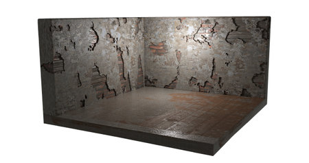 A 3D isometric illustration of abandoned empty room with dirty wooden floor and damaged concrete wall, isolated on white background.の写真素材