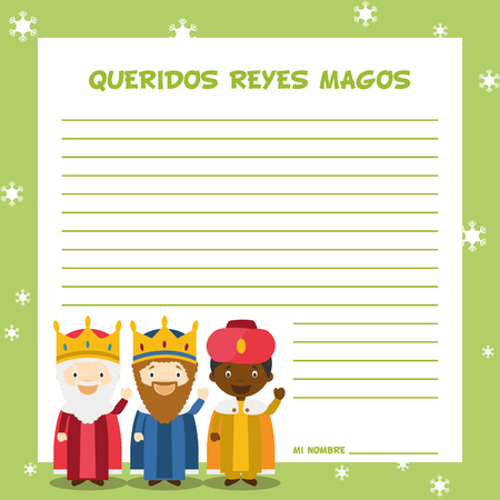 Three Wise Men letter template illustration for Christmas time in Spanish, with child characters.のイラスト素材