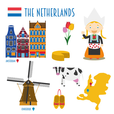 Flat Netherlands Icon Set Travel and tourism concept. Vector illustrationのイラスト素材