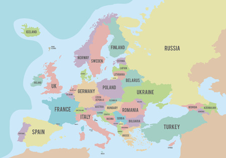 Political map of Europe with different colors for each country and names in English. Vector illustration.のイラスト素材