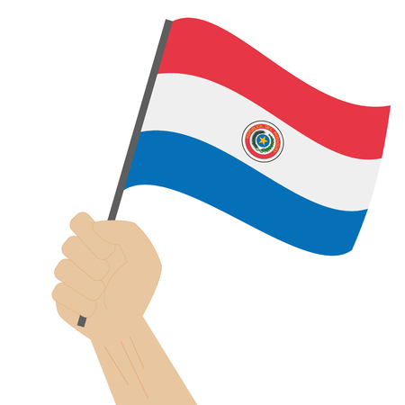Hand holding and raising the national flag of Paraguayのイラスト素材