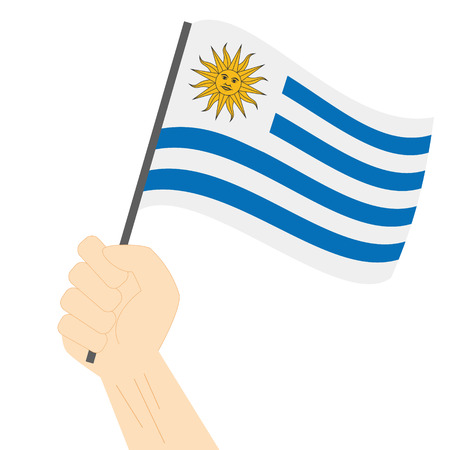 Hand holding and raising the national flag of Uruguayのイラスト素材