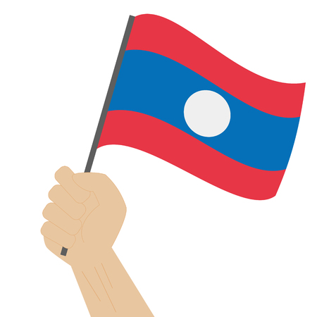 Hand holding and raising the national flag of Laosのイラスト素材