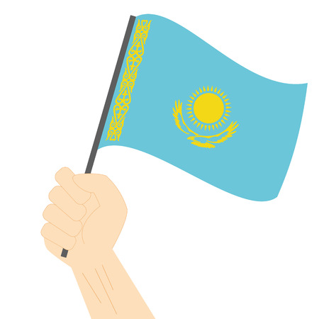 Hand holding and raising the national flag of Kazakhstanのイラスト素材