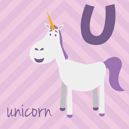 Cute cartoon zoo illustrated alphabet with funny animals: U for Unicorn. English alphabet. Learn to read. Isolated Vector illustration.のイラスト素材