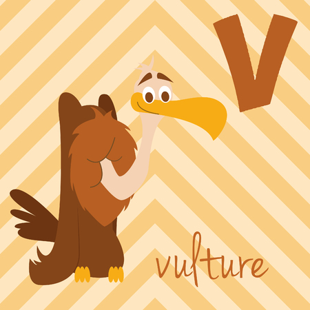 Cute cartoon zoo illustrated alphabet with funny animals: V for Vulture. English alphabet. Learn to read. Isolated Vector illustration.のイラスト素材