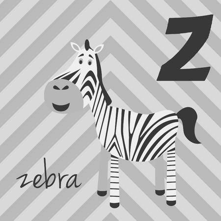 Cute cartoon zoo illustrated alphabet with funny animals: Z for Zebra. English alphabet. Learn to read. Isolated Vector illustration.のイラスト素材