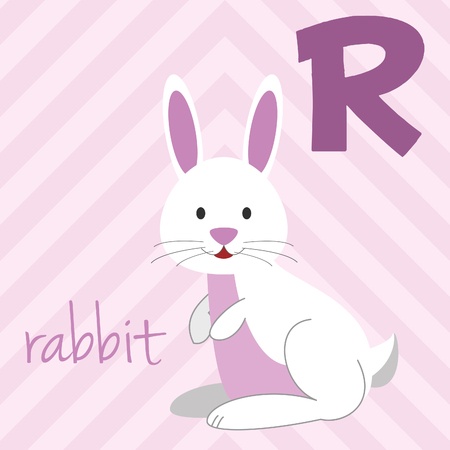 Cute cartoon zoo illustrated alphabet with funny animals: R for Rabbit. English alphabet. Learn to read. Isolated Vector illustration.のイラスト素材