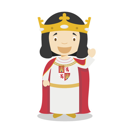 Alfonso X of Castile (The Wise) cartoon character. Vector Illustration. Kids History Collection.のイラスト素材