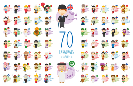 Vector illustration of cartoon characters saying hello and welcome in 70 different languages of the worldのイラスト素材