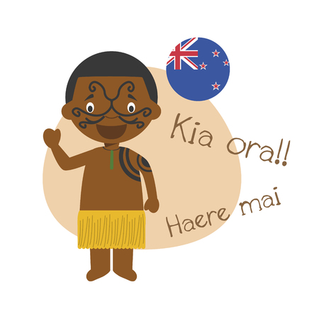 illustration of cartoon character saying hello and welcome in Maoriのイラスト素材