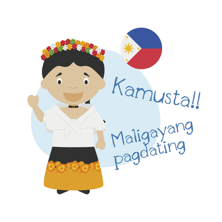 Vector illustration of cartoon character saying hello and welcome in Tagalogのイラスト素材
