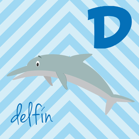Cute cartoon zoo illustrated alphabet with funny animals. Spanish alphabet: D for Delfin. Learn to read. Isolated Vector illustration.のイラスト素材