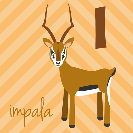 Cute cartoon zoo illustrated alphabet with funny animals. Spanish alphabet: I for Impala. Learn to read. Isolated Vector illustration.のイラスト素材