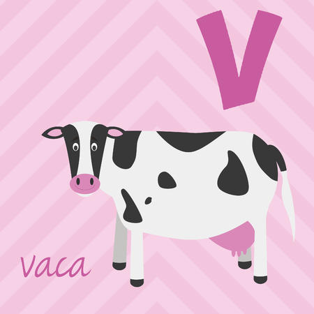 Cute cartoon zoo illustrated alphabet with funny animals. Spanish alphabet: V for Vaca. Learn to read. Isolated Vector illustration.のイラスト素材