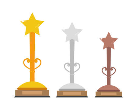 Set of gold, silver and bronze trophies with a star in the top. Vector illustrationのイラスト素材