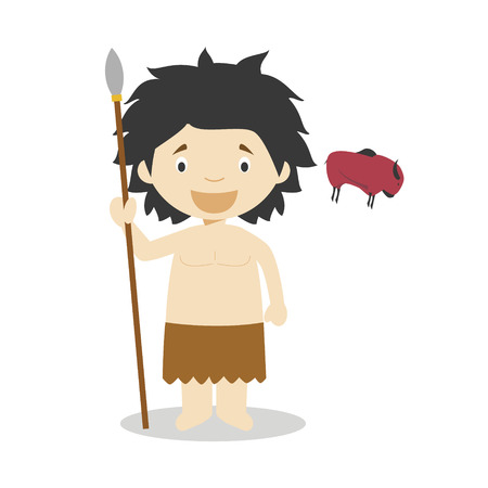 Stone Age boy cartoon character with a rock painting. Vector Illustration. Kids History Collection.のイラスト素材