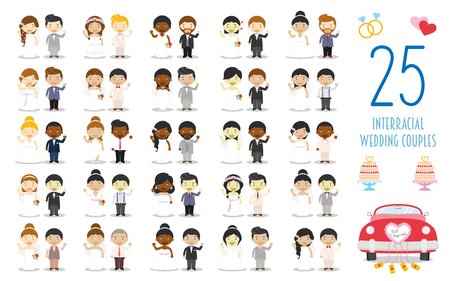 Set of 25 interracial wedding couples and nuptial icons in cartoon styleのイラスト素材