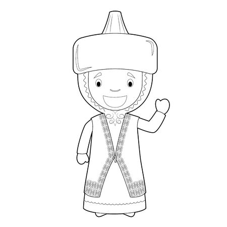 Easy coloring cartoon character from Kazakhstan dressed in the traditional way Vector Illustration.のイラスト素材