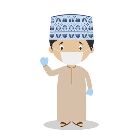 Character from Oman dressed in the traditional way and with surgical mask and latex gloves as protection against a health emergencyのイラスト素材