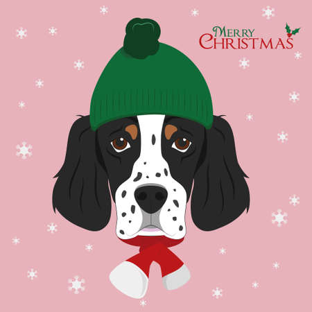 Christmas greeting card. English Setter dog wearing a green woolen cap and a red woolen scarf for winterのイラスト素材