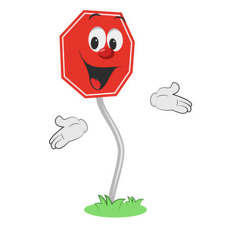 Cartoon character of a octagonal traffic signal in red, isolated on white background. Mandatory Stop.のイラスト素材