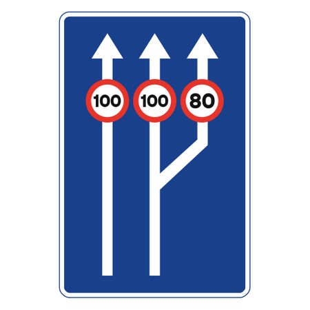 Rectangular traffic signal in blue and white, isolated on white background. Passage from two to three traffic lanes with maximun speed limitation for each oneのイラスト素材