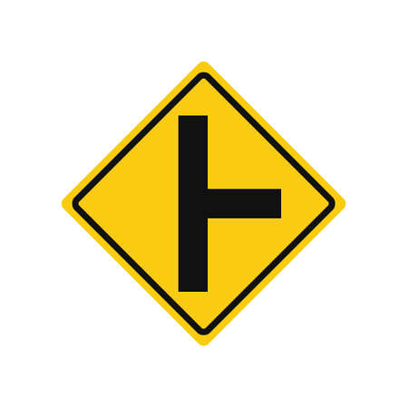 Rhomboid traffic signal in yellow and black, isolated on white background. Warning of side road on the right at a perpendicular angleのイラスト素材