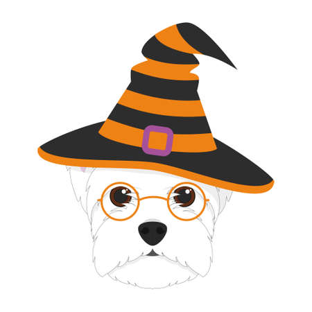Halloween greeting card. West Highland White Terrier dog dressed as a witch with glasses and black and orange hatのイラスト素材