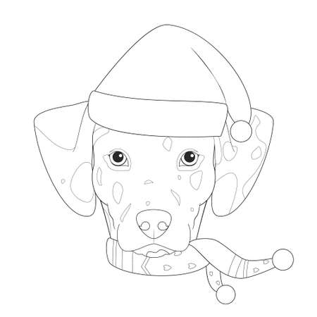 Christmas greeting card for coloring. Dalmatian dog with Santa's hatのイラスト素材