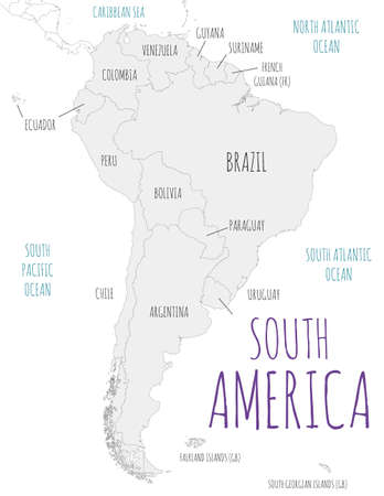 Political South America Map vector illustration isolated in white background. Editable and clearly labeled layers.のイラスト素材