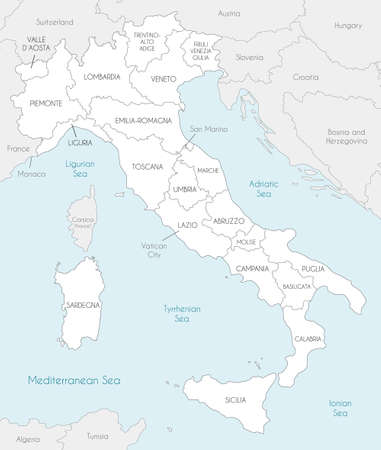 Vector map of Italy with regions and administrative divisions, and neighboring countries and territories. Editable and clearly labeled layers.のイラスト素材
