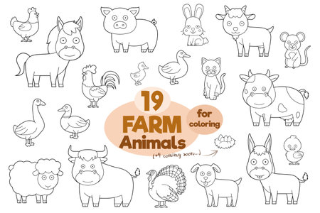 Set of 19 farm animals for coloring in cartoon style Vector Illustrationのイラスト素材