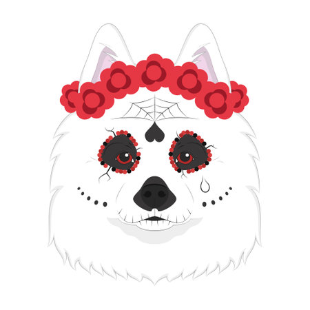 Halloween greeting card. Samoyed dog dressed as a Mexican skull with red flowers on his headのイラスト素材