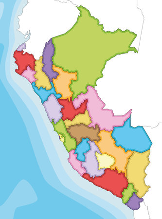 Vector illustrated blank map of Peru with departments, provinces and administrative divisions, and neighboring countries. Editable and clearly labeled layers.のイラスト素材