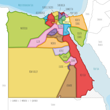 Vector illustrated map of Egypt with governorates or provinces and administrative divisions, and neighboring countries. Editable and clearly labeled layers.のイラスト素材