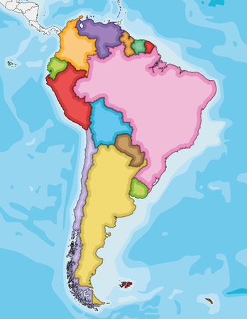 Blank Political South America Map vector illustration with different colors for each country. Editable and clearly labeled layers.のイラスト素材