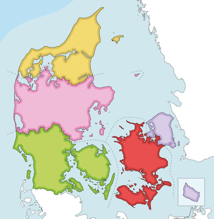 Vector illustrated blank map of Denmark with regions and administrative divisions, and neighboring...