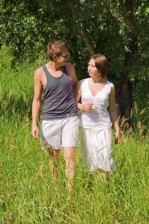 Man and woman outdoorsの写真素材